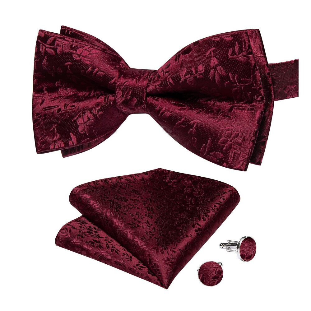 4281 Silk Bow Tie Burgundy Floral Pre-tied Bowtie Set with Pocket Square